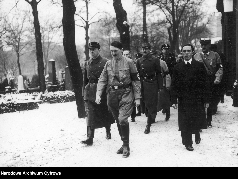 Adolf Hitler in Berlin at the ceremony for Horst Wessel in the Nikolaifriedhof with Joseph Goebbels and Prinz Auwi (the Kaiser’s son)